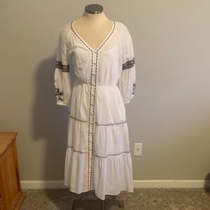 Johnny Was White Long Sleeve Dress with Black Embroidery